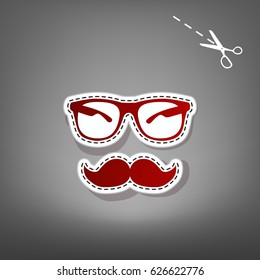 Mustache and Glasses sign. Vector. Red icon with for applique from paper with shadow on gray background with scissors.