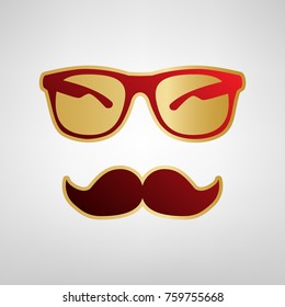 Mustache and Glasses sign. Vector. Red icon on gold sticker at light gray background.