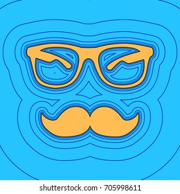 Mustache and Glasses sign. Vector. Sand color icon with black contour and equidistant blue contours like field at sky blue background. Like waves on map - island in ocean or sea.