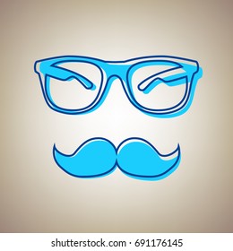 Mustache and Glasses sign. Vector. Sky blue icon with defected blue contour on beige background.