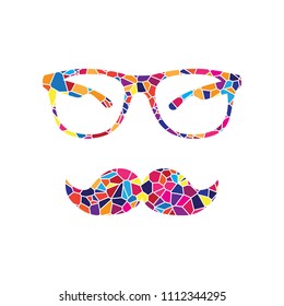 Mustache and Glasses sign. Vector. Stained glass icon on white background. Colorful polygons. Isolated.