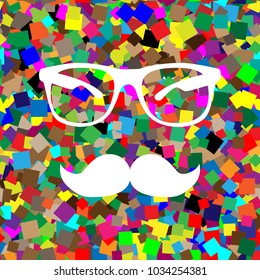 Mustache and Glasses sign. Vector. White icon on colorful background with seamless pattern from squares.