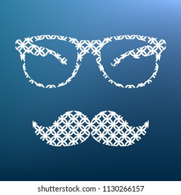 Mustache and Glasses sign. Vector. White textured icon at lapis lazuli gradient background.