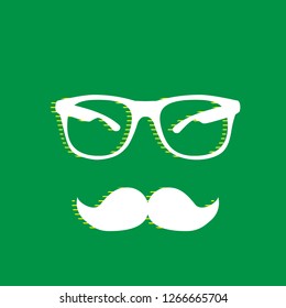 Mustache and Glasses sign. Vector. White flat icon with yellow striped shadow at green background.