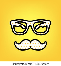 Mustache and Glasses sign. Vector. Yellow polka dot white icon with black contour at warm yellow background.