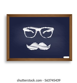 Mustache and Glasses sign. White chalk icon on blue school board with shadow as background. Isolated.