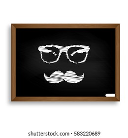Mustache And Glasses Sign. White Chalk Icon On Black School Boar