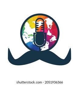 Mustache globe and mic combination concept. Podcast about international father`s day.