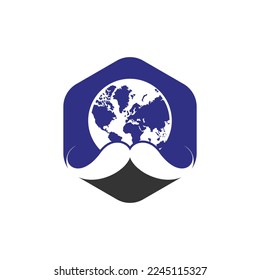 Mustache and globe vector icon logo design. World man day vector logo design template.