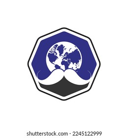 Mustache and globe vector icon logo design. World man day vector logo design template.