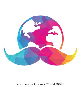 Mustache and globe vector icon logo design. World man day vector logo design template.