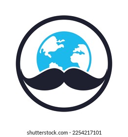 Mustache and globe vector icon logo design. World man day vector logo design template.