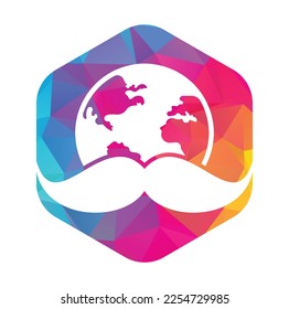 Mustache and globe vector icon logo design. World man day vector logo design template.