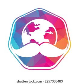 Mustache and globe vector icon logo design. World man day vector logo design template.