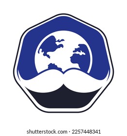 Mustache and globe vector icon logo design. World man day vector logo design template.
