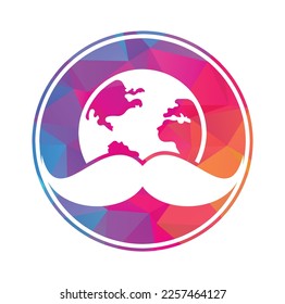Mustache and globe vector icon logo design. World man day vector logo design template.