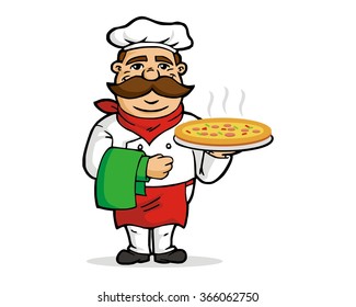 mustache guy cooking pizza cartoon mascot character vector