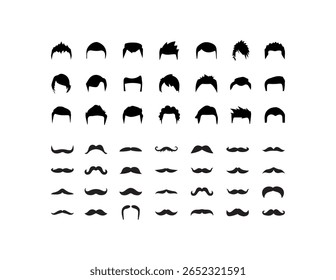 Mustache e penteados ícones pretos na coleção set. Coleção de estilos de cabelo e bigodes