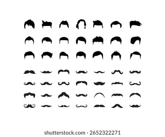 Ícones de bigode e penteados na coleção de conjunto para design. Bigodes elegantes e símbolo de vetor de corte de cabelo