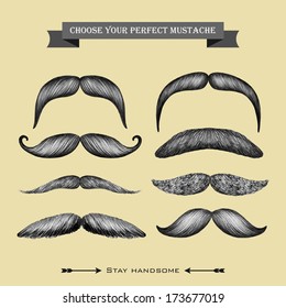 Mustache hand drawn barber shop collection on the beige background