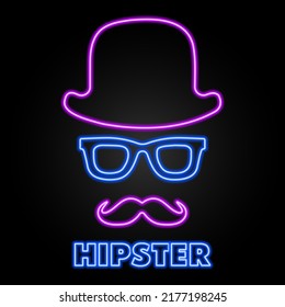 mustache hat glasses neon sign, modern glowing banner design, colorful modern design trends on black background. Vector illustration.