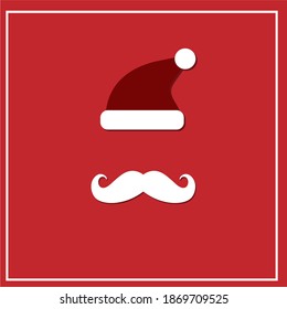 mustache and hat of santa claus on a red background. vector image