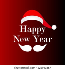 mustache and hat of Santa vector Happy New Year sign on a red background shining