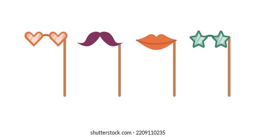 Mustache y ojos en forma de corazón, labios y gafas estelares, decoración aislada o de vacaciones. Máscaras para disfrazar y divertirse. Vector de dibujos animados planos