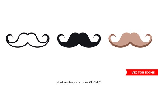 Mustache icon of 3 types: color, black and white, outline. Isolated vector sign symbol.