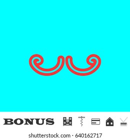 Mustache icon flat. Red pictogram on blue background. Vector illustration symbol and bonus buttons Music center, corkscrew, credit card, house, drum