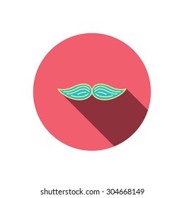 Mustache icon. Hipster symbol. Gentleman sign. Red flat circle button. Linear icon with shadow. Vector