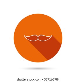 Mustache icon. Hipster symbol. Gentleman sign. Round orange web button with shadow.