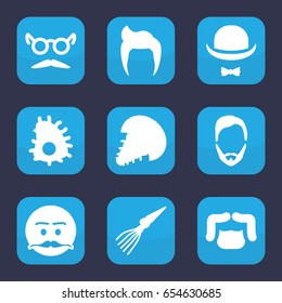 Mustache icon. set of 9 filled mustache icons such as man hairstyle, hat and moustache