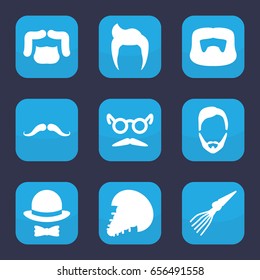 Mustache icon. set of 9 filled mustache icons such as man hairstyle, hat and bow