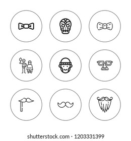 Mustache icon set. collection of 9 outline mustache icons with barber, bow tie, costume, hipster, mexican skull icons. editable icons.
