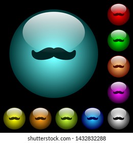 Mustache icons in color illuminated spherical glass buttons on black background. Can be used to black or dark templates
