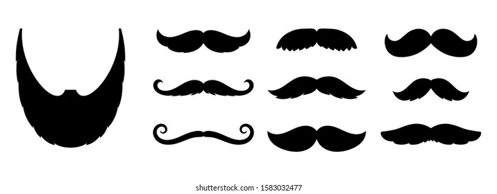 Mustache icons. fashion dandy hipster beard, barber shop signs. Black old style curly mustaches for men vector set