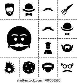 Mustache icons. set of 13 editable filled mustache icons such as man hairstyle, hat and moustache, chef, hat and bow