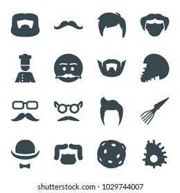 Mustache icons. set of 16 editable filled mustache icons such as man hairstyle, hat and moustache, chef