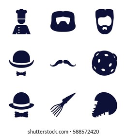 mustache icons set. Set of 9 mustache filled icons such as mustache, man hairstyle, hat and moustache, chef, hat and bow