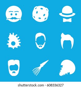 Mustache icons set. set of 9 mustache filled icons such as man hairstyle, emot with mustache, hat and bow