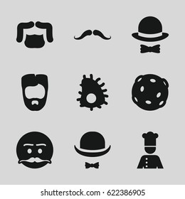 Mustache icons set. set of 9 mustache filled icons such as man hairstyle, hat and moustache, chef, hat and bow