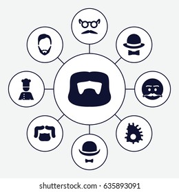 Mustache icons set. set of 9 mustache filled icons such as man hairstyle, hat and moustache, chef, hat and bow