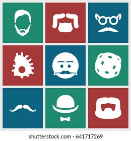Mustache icons set. set of 9 mustache filled icons such as man hairstyle, hat and moustache