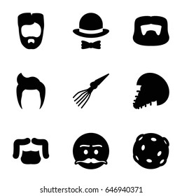 Mustache icons set. set of 9 mustache filled icons such as man hairstyle, emot with mustache, hat and bow