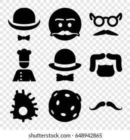 Mustache icons set. set of 9 mustache filled icons such as man hairstyle, hat and moustache, chef, hat and bow