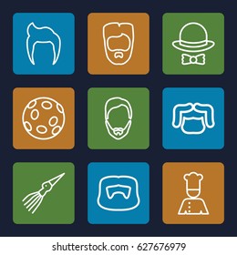 Mustache icons set. set of 9 mustache outline icons such as man hairstyle, chef, hat and bow