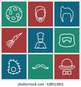 Mustache icons set. set of 9 mustache outline icons such as man hairstyle, mustache, chef, hat and bow