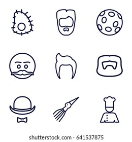 Mustache icons set. set of 9 mustache outline icons such as man hairstyle, hat and moustache, chef, extinct sea creature