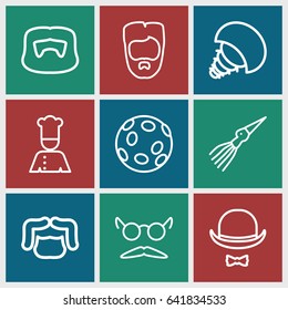 Mustache icons set. set of 9 mustache outline icons such as man hairstyle, mustache and glasses, hat and moustache, chef